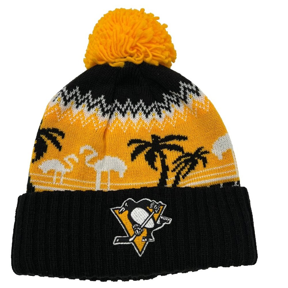 Adidas Unisex Yellow Black Knit Pom Pom Pittsburgh Penguins NHL Beanie Hat‎ NWT